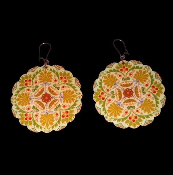 Big 60s Retro Flower Mandala Earrings Bohemian Lightweight Wood Green Gold Boho - Picture 6 of 7